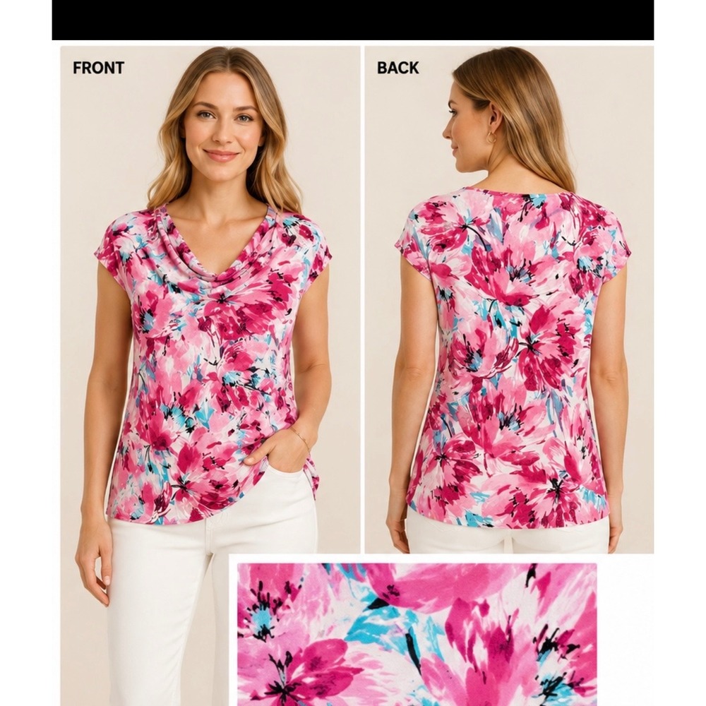 Kasper Womens Floral Cowl Neck Cap Sleeve Knit Top Lily White Mult Pink Size M